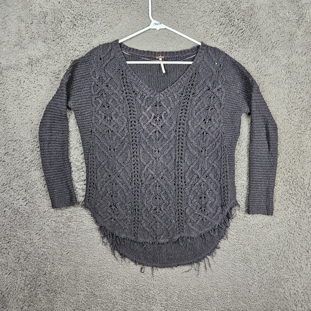 Free People Women S Charcoal Gray Cable Knit V-Neck Frayed Hem‎ Sweater OB405527